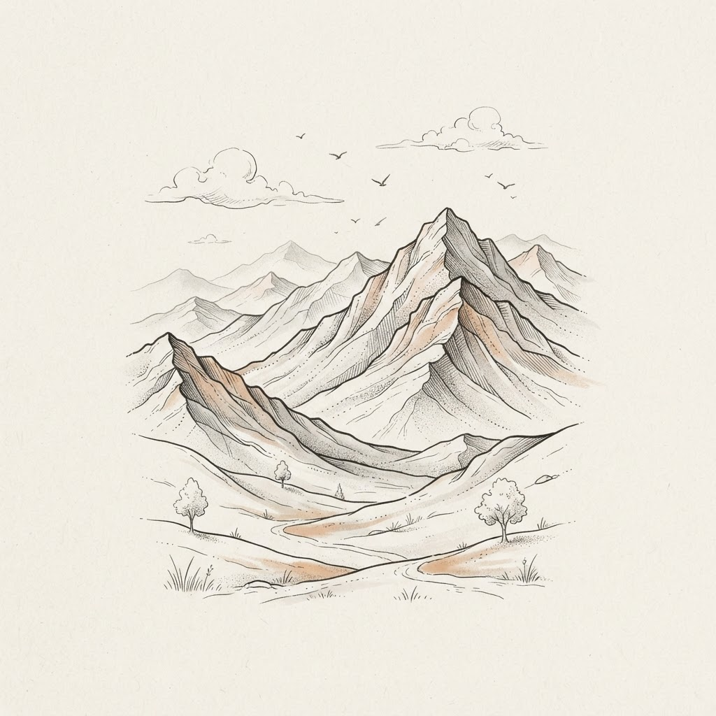 Line-art illustration of an enduring mountain range standing steady beneath a calm sky