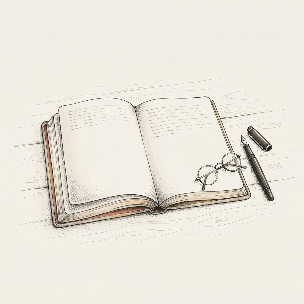Line-art illustration of an open handwritten journal with a fountain pen and spectacles resting on a table