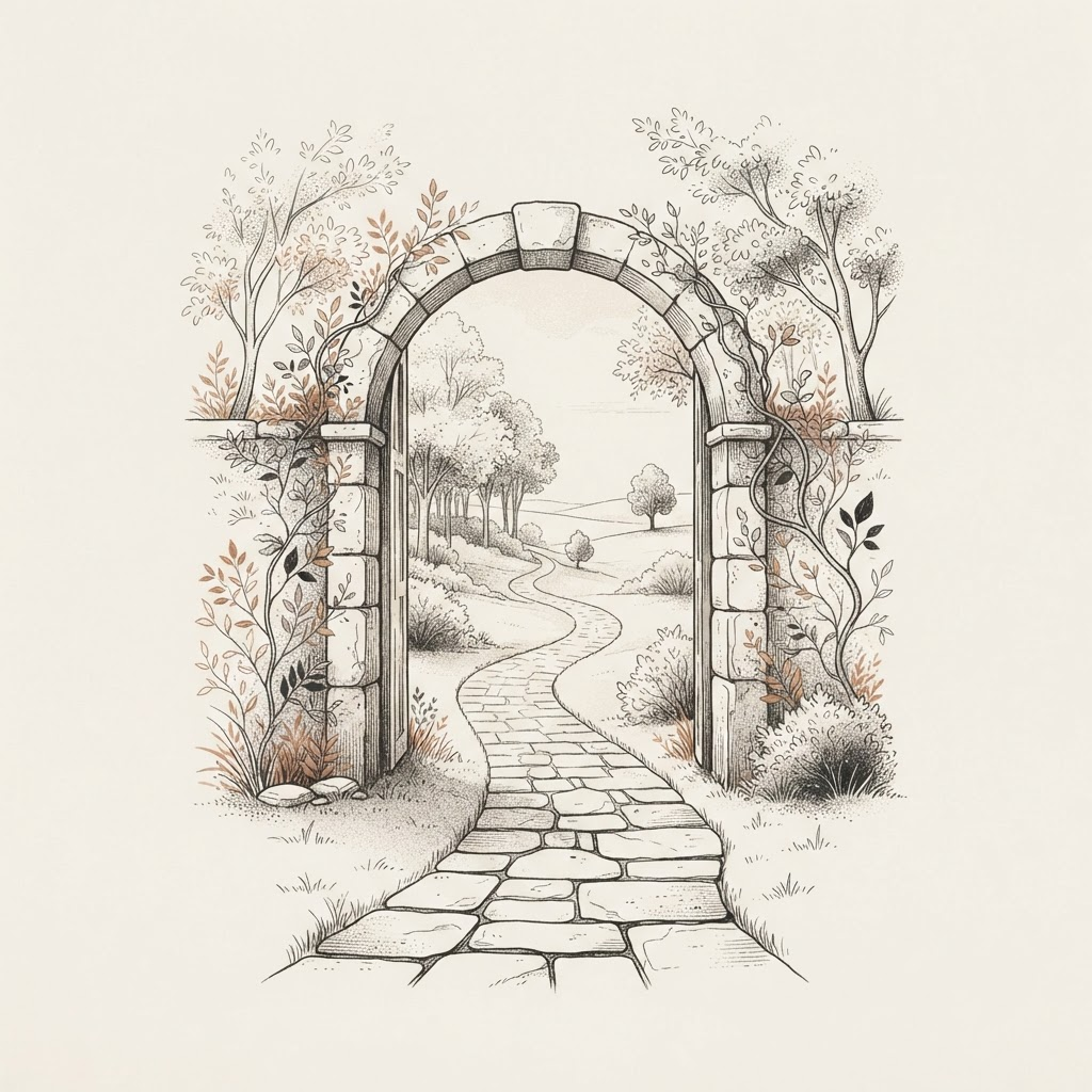 Line-art illustration of a winding stone path leading through an arched garden doorway toward distant trees