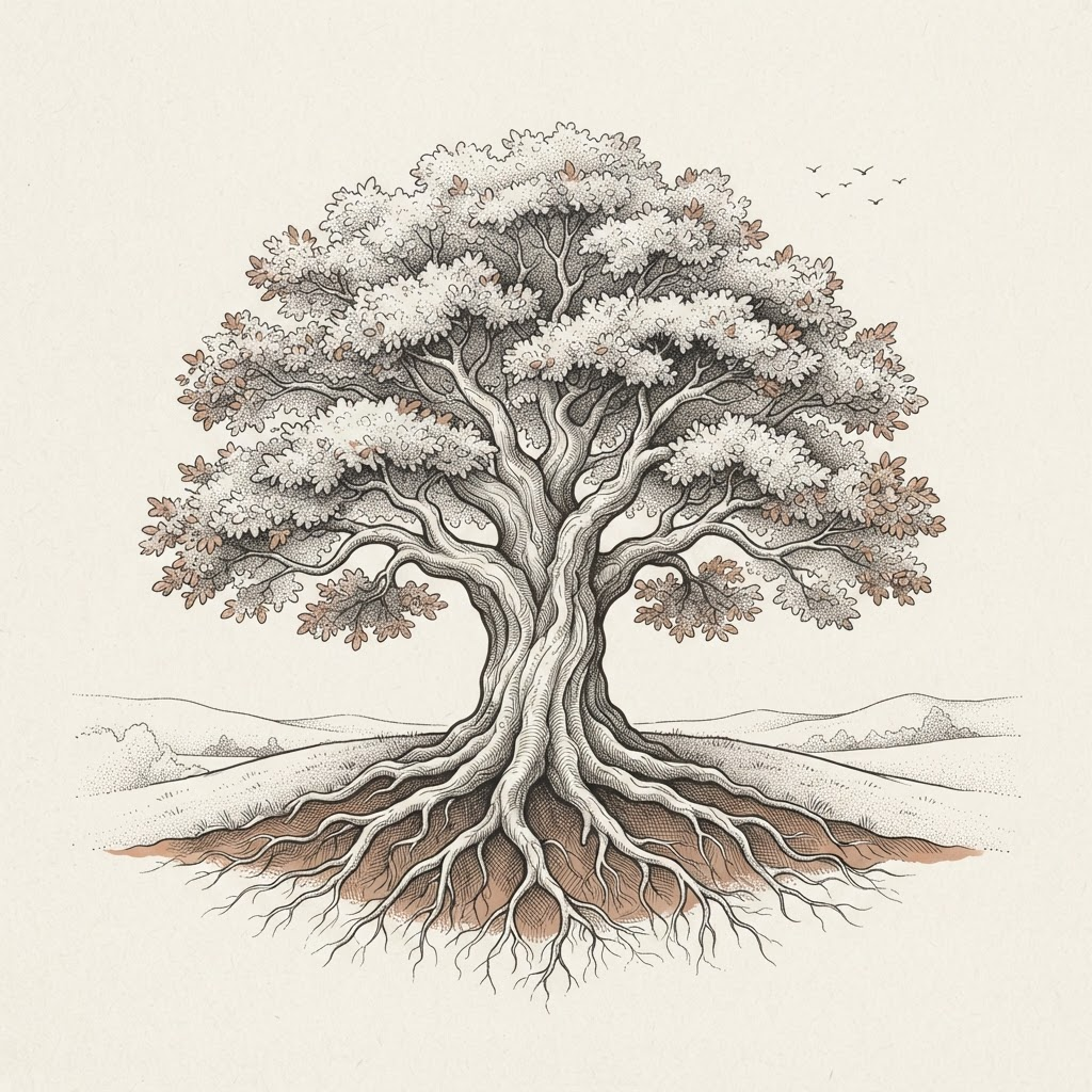 Line-art illustration of a grand old oak tree with a broad canopy and deep roots standing on a gentle hill