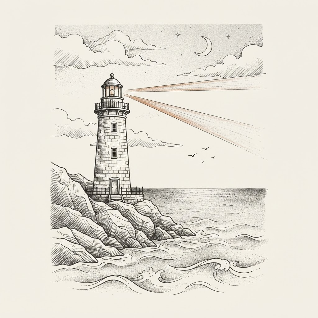 Line-art illustration of a steadfast lighthouse casting a calm beam over gentle sea waves beneath a serene sky
