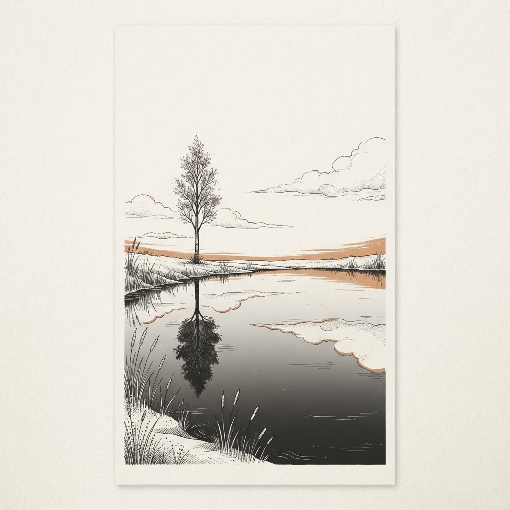 Line-art illustration of a still, mirror-like pond at dawn reflecting a calm sky and a single slender tree