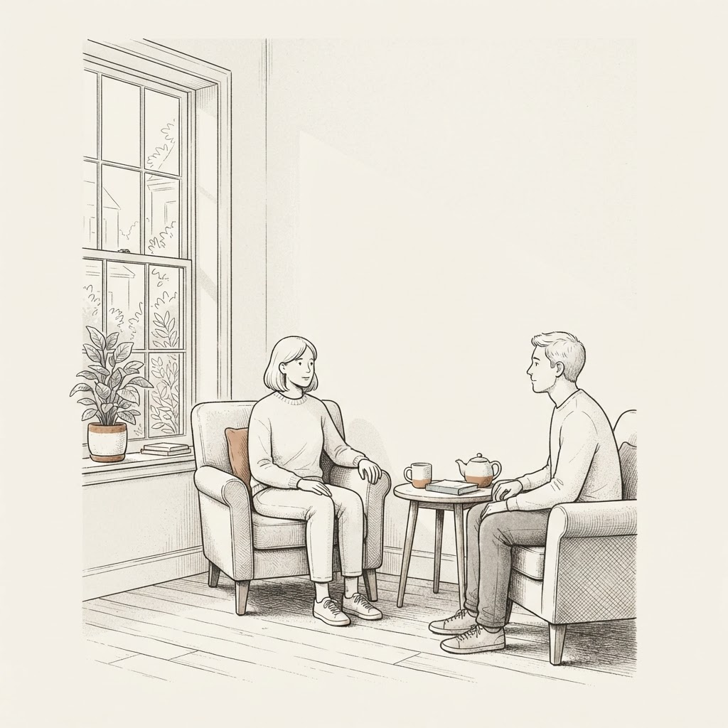 Line-art illustration of two armchairs turned toward each other beside a sunlit window