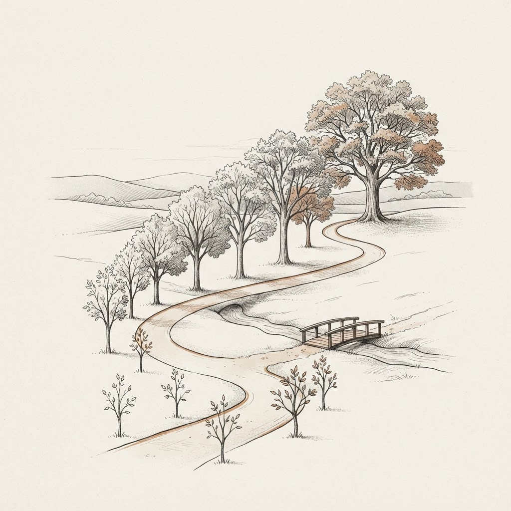 Line-art illustration of a winding pathway curving through a peaceful landscape past trees and a small footbridge toward a calm horizon